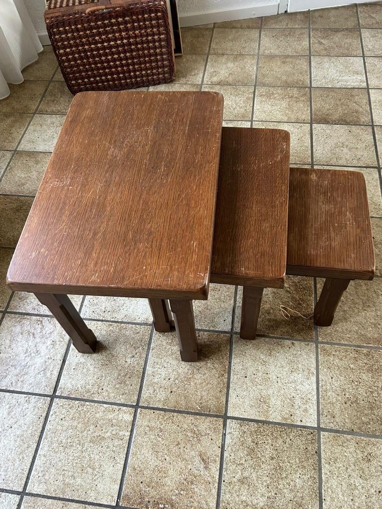 3 vintage houten nesttafels / bijzettafels, Minder dan 55 cm, Rechthoekig, Hout, Ophalen