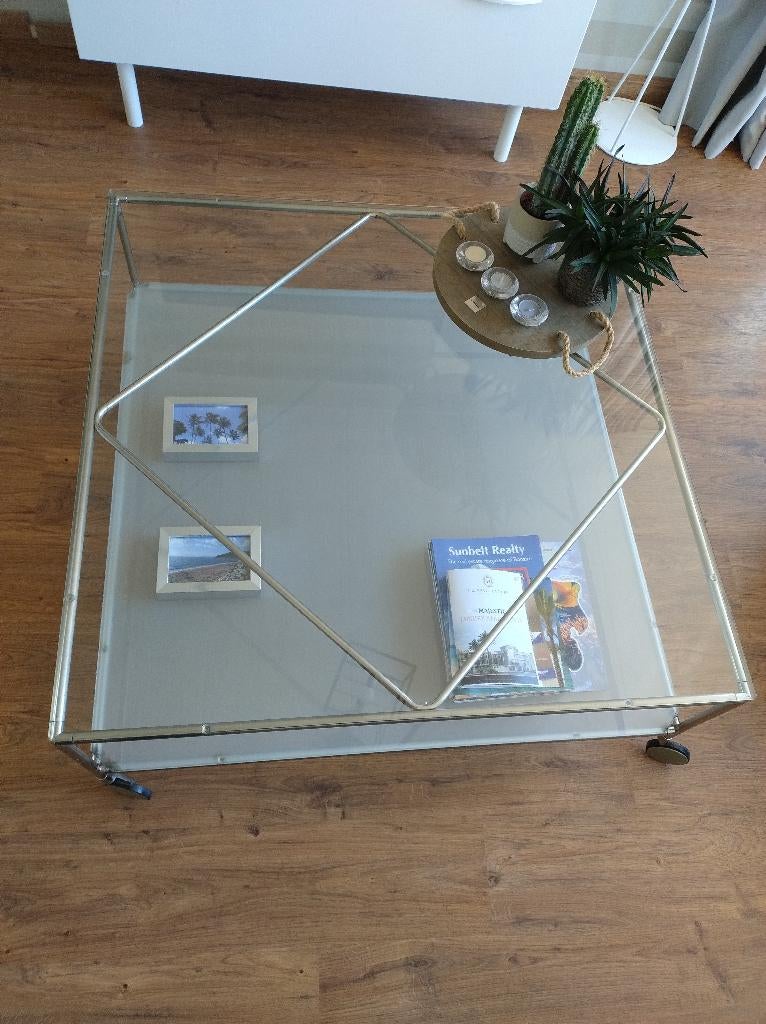 Salontafel glas, Huis en Inrichting, Tafels | Salontafels, Ophalen, Gebruikt, 50 tot 100 cm, Vierkant