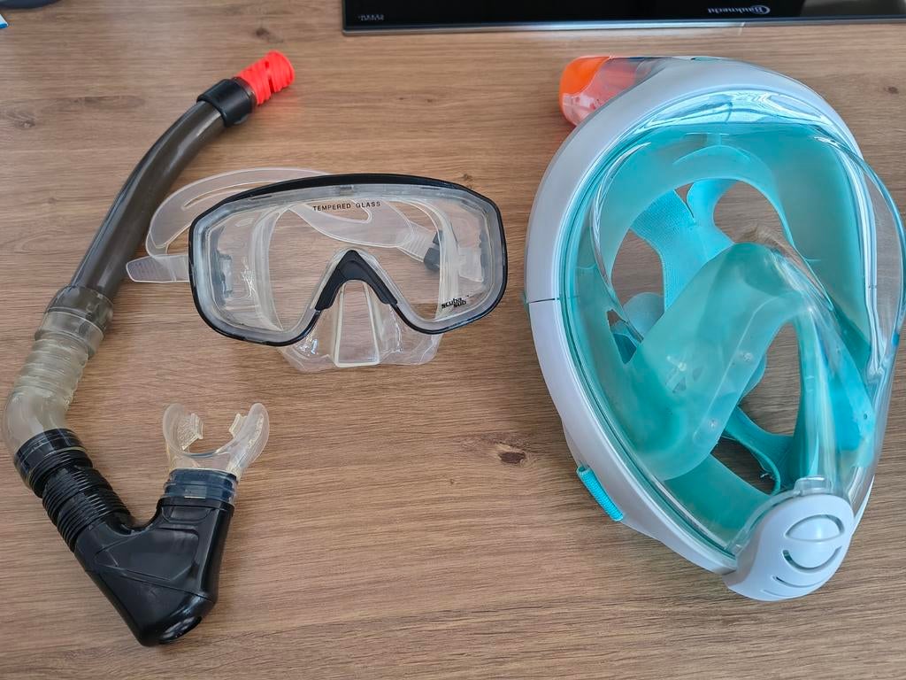 2 snorkelset: Snorkel, Duikbril en Volgelaatsmasker, Ophalen of Verzenden, Snorkelset