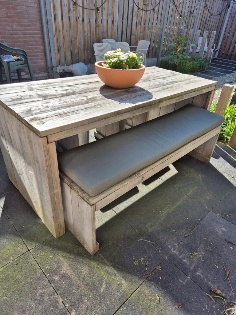 Steigerhouten tuinset met tafel, bankje en 3 krukken, Tuin en Terras, Picknicktafels, Ophalen, Gebruikt, Rechthoekig, Hout