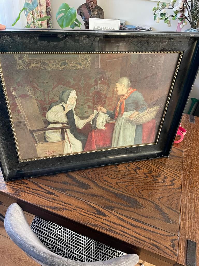 Pears Chromolitho "Gift aan het klooster" in originele lijst, Antiek en Kunst, Kunst | Etsen en Gravures, Ophalen, 1800 - 1899