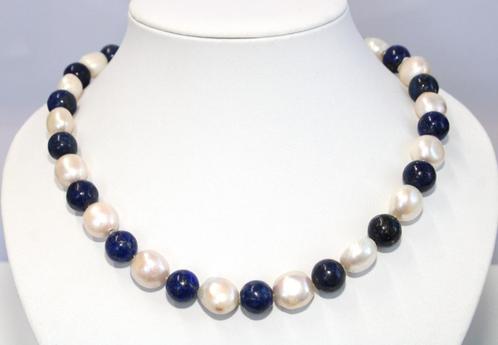 Schitterende 48 CM 925 Zilver Lapis Lazuli & Parel Ketting, Sieraden, Tassen en Uiterlijk, Antieke sieraden, Ketting, Zilver, Met edelsteen