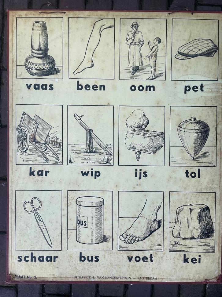 Grote antieke dubbelzijdige schoolplaat om te leren lezen, Antiek en Kunst, Antiek | Schoolplaten, Ophalen of Verzenden