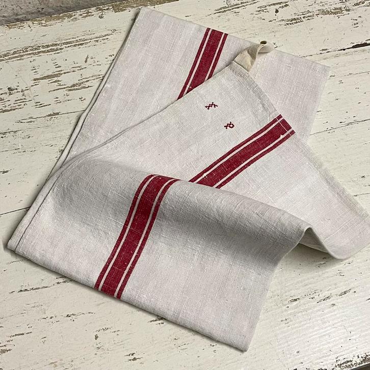 Brocante oude Franse linnen theedoek F P rode bies, Antiek en Kunst, Curiosa en Brocante, Verzenden