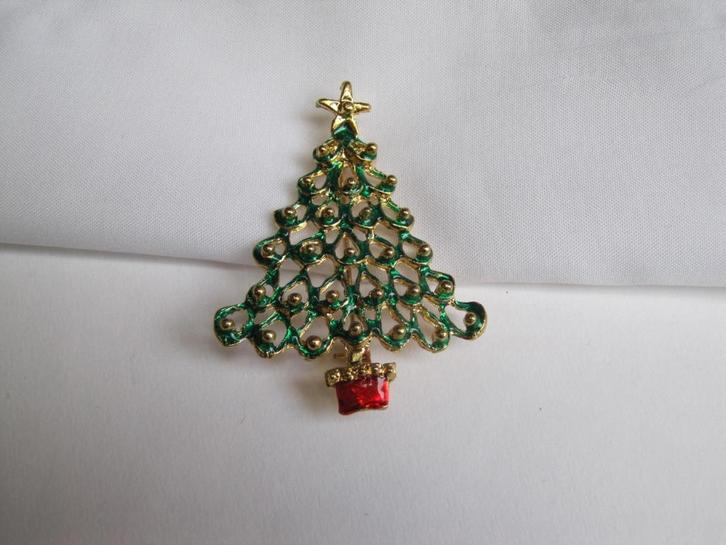 Broche kerstboom/  groen en rood emaille, Diversen, Kerst, Zo goed als nieuw, Verzenden