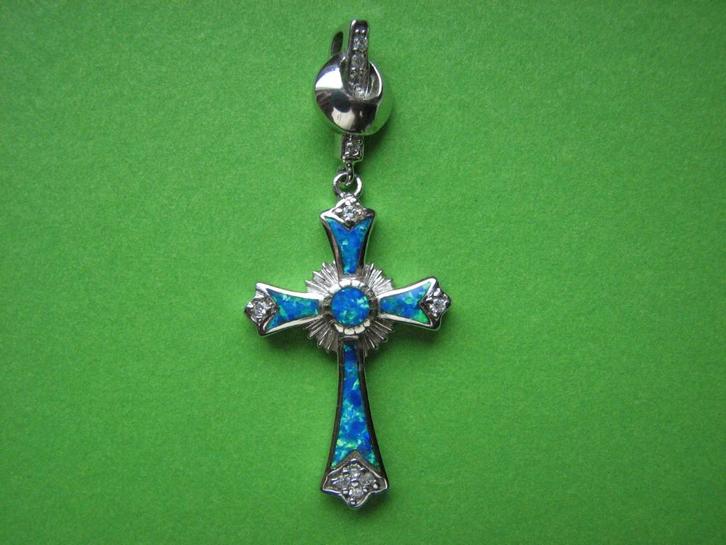 Mooi Fijn Zilveren Kruisje met Opaal - Hanger, Sieraden, Tassen en Uiterlijk, Antieke sieraden, Hanger, Zilver, Met edelsteen