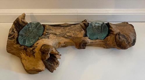 Handgemaakte houten basis met 2 glazen waxinelicht houders, Antiek en Kunst, Kunst | Beelden en Houtsnijwerken, Ophalen of Verzenden