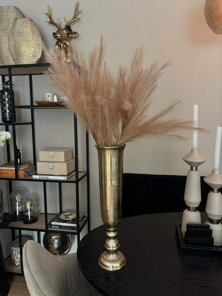 Gouden Vaas met Pluimen - Eric Kuster Stijl, Huis en Inrichting, Woonaccessoires | Vazen, Zo goed als nieuw, Geel, 50 tot 75 cm