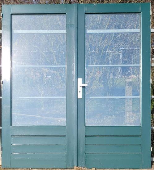 Set hardhouten openslaande tuindeuren, dubbele deuren, Doe-het-zelf en Verbouw, Deuren en Horren, Gebruikt, Buitendeur, 200 tot 215 cm