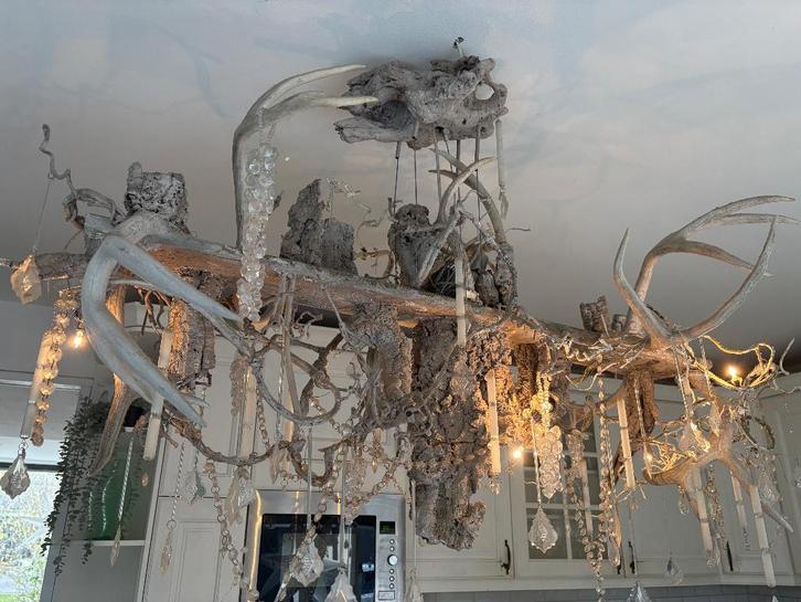 Kroonluchter met hertengeweien en kristal, Huis en Inrichting, Lampen | Kroonluchters, Gebruikt, Glas, Hout, Overige materialen