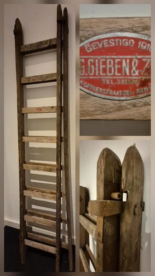 Oude Haagse houten schuifladder uitzetladder Gieben en Zonen, Antiek en Kunst, Curiosa en Brocante, Ophalen