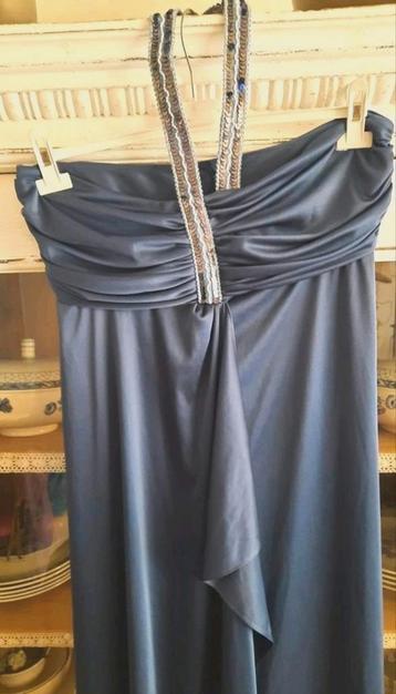 Vintage rafblauwe satijnen halter avond/gala jurk L 42  beschikbaar voor biedingen