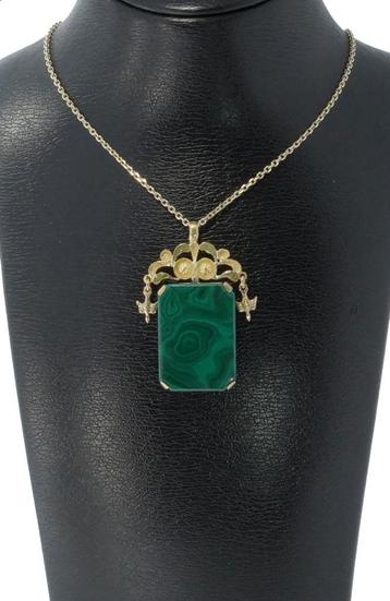 Malachiet 14k gouden ketting hanger hugenoten duif vintage beschikbaar voor biedingen