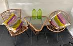 Vintage bamboe stoeltjes en tafeltje met glas, Huis en Inrichting, Twee, Riet of Rotan, Gebruikt, Zwart