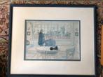 Ingelijste prent – interieur met meisje en kat, Ophalen of Verzenden, Minder dan 50 cm, Schilderij, Minder dan 50 cm