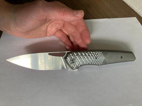 R&H Custom Knives Tsjechië Tasca 2 Titanium Timascus Elmax, Caravans en Kamperen, Kampeergereedschap, Zo goed als nieuw, Ophalen of Verzenden