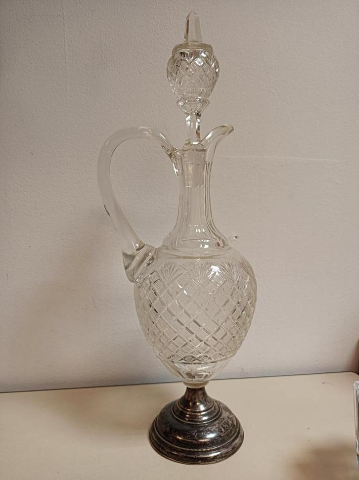 Karaf kristal met ananasdecor en stop, verzilverde voet, Antiek en Kunst, Antiek | Glas en Kristal, Ophalen of Verzenden