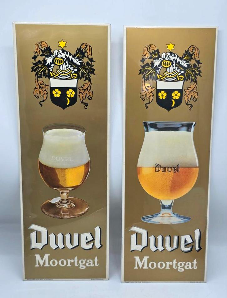 Duvel reclameborden jaren 70 / 80 -
2 stuks originele uitgav, Verzamelen, Biermerken, Zo goed als nieuw, Reclamebord, Plaat of Schild