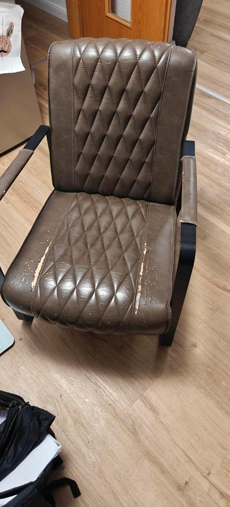 2 Bruine Leren Fauteuils - Gebruikt, Huis en Inrichting, Stoelen, Gebruikt, Twee, Hout, Leer, Bruin, Ophalen of Verzenden