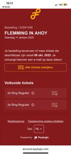 2 tickets voor flemming 11okt met parkeerticket, Tickets en Kaartjes, Drie personen of meer, Oktober