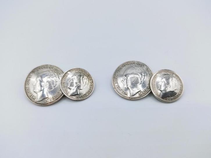 Zilveren manchetknopen gemaakt van 10 en 25 cent, Wilhelmina, Sieraden, Tassen en Uiterlijk, Manchetknopen, Gebruikt, Zilver, Verzenden