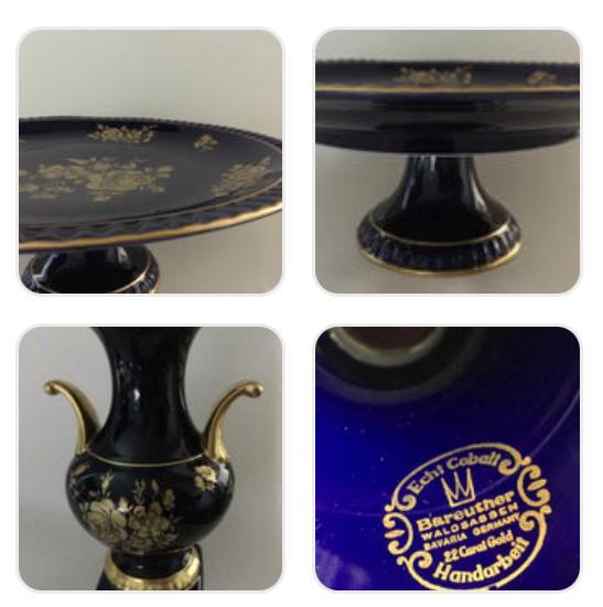 Kobalt net 22 kt goud taart plateau Bareuther Germany, Antiek en Kunst, Antiek | Porselein, Verzenden