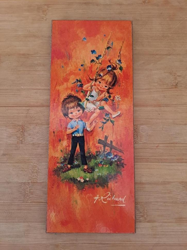 Vintage prent op hout uit de jaren 70 in mooie staat, Huis en Inrichting, Woonaccessoires | Schilderijen, Tekeningen en Foto's