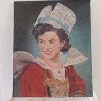 prachtig schilderij dame op houten paneel Bretange, Ophalen of Verzenden