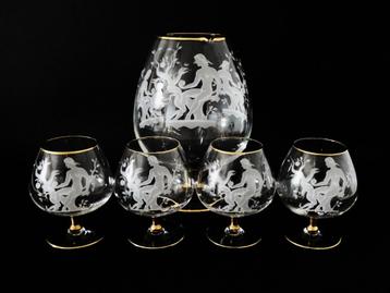 Schenkkan met 4 Cognacglazen gegraveerd Eva in Het Paradijs beschikbaar voor biedingen