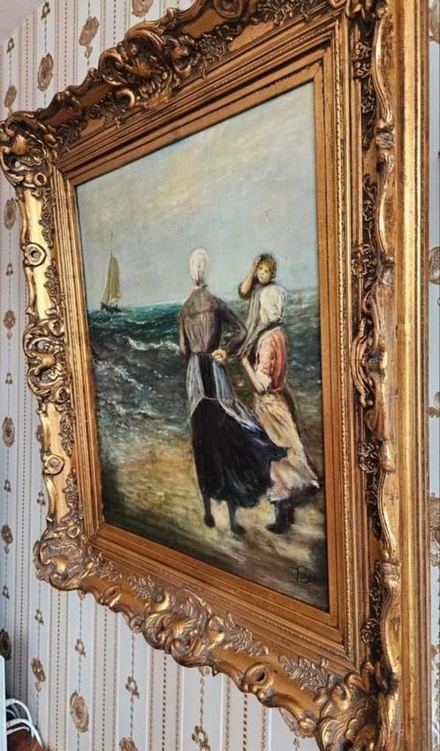 ZEEGEZICHT VISSERVROUWEN AAN SCHEVENINGESESTRAND BAROKLIJST, Antiek en Kunst, Kunst | Schilderijen | Klassiek, Ophalen of Verzenden