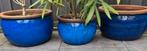 Geglazuurde azuur blauwe buiten potten, Tuin en Terras, Bloempotten, Gebruikt, Rond, Minder dan 40 cm, Aardewerk