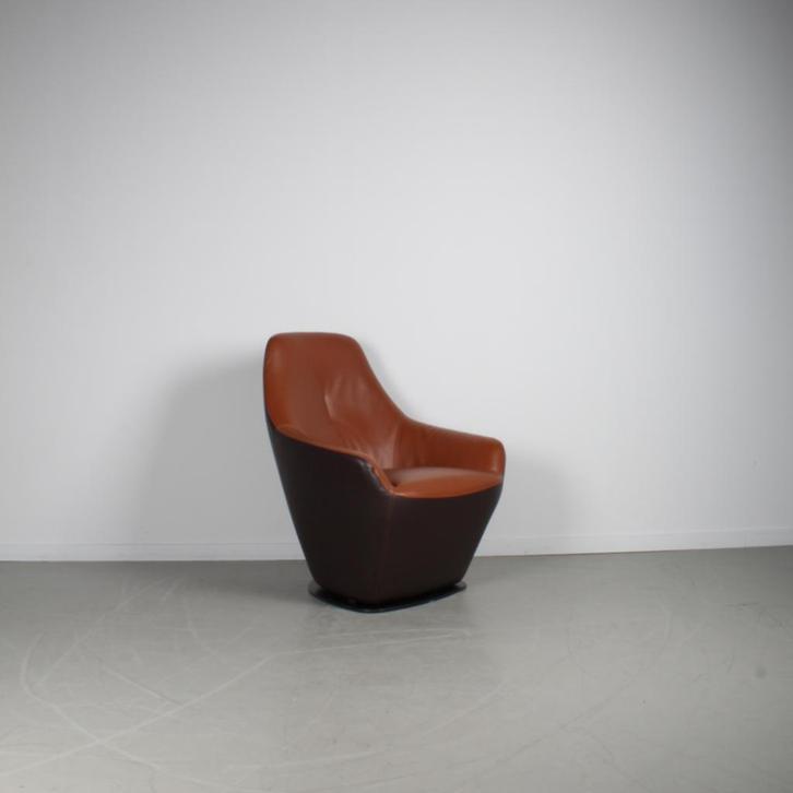 1x Leolux Cantate Fauteuil Cognac/Bruin – Leer, Huis en Inrichting, Fauteuils, Zo goed als nieuw, Leer, Metaal, 75 tot 100 cm