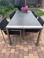 Design tuintafel met blad van natuursteen en 6 goede stoelen, Tuin en Terras, Tuintafels, Ophalen, Zo goed als nieuw, Rechthoekig