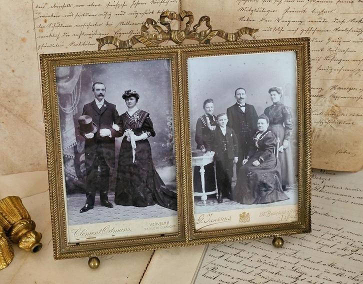 Antieke dubbele fotolijst / striklijst fotolijstje brons, Antiek en Kunst, Curiosa en Brocante, Ophalen of Verzenden