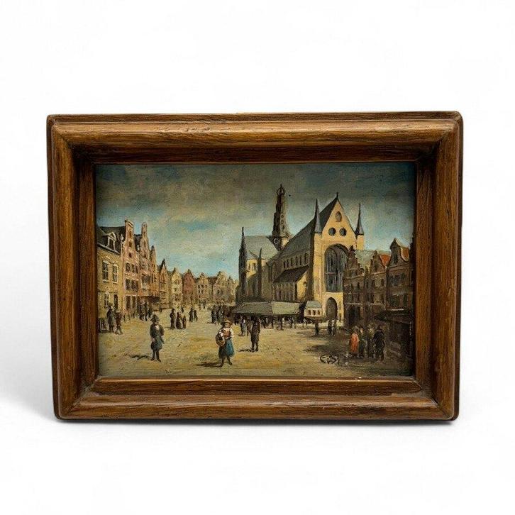 Schilderij grote markt te Haarlem, Antiek en Kunst, Kunst | Schilderijen | Klassiek, Ophalen of Verzenden