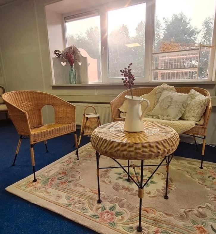 Vintage rieten zithoek Zie omschrijving, Tuin en Terras, Tuinsets en Loungesets, Zo goed als nieuw, 2 zitplaatsen, Bank, Stoel