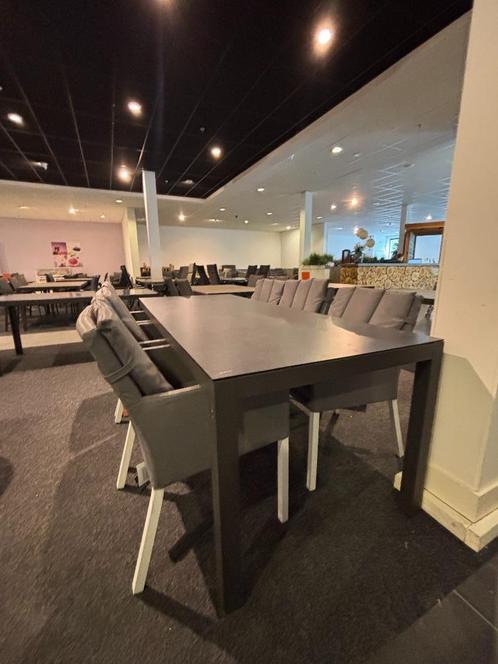 Tuinset te koop – Glazen tafel & 6 textileen stoelen, Tuin en Terras, Tuinsets en Loungesets, Zo goed als nieuw, Tuinset, Aluminium