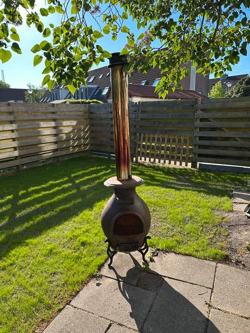Grote gietijzeren tuinhaard met RVS pijp, Tuin en Terras, Tuinhaarden, Gebruikt, Ophalen