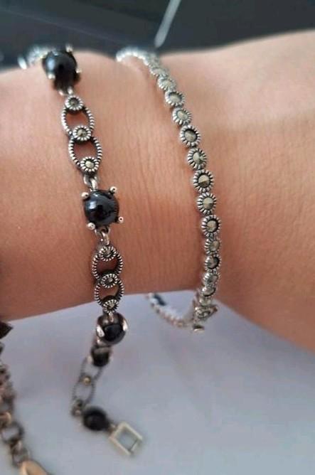 Armband met markasiet en zwarte edelsteen van echt zilver, Sieraden, Tassen en Uiterlijk, Armbanden, Nieuw, Zilver, Zilver, Met edelsteen