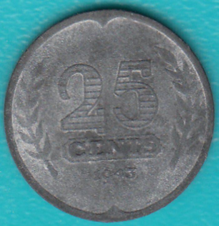 Nederland 25 cent 1943 Wilhelmina zink, Sch. 1030, Ophalen of Verzenden, Koningin Wilhelmina, 25 cent, Losse munt