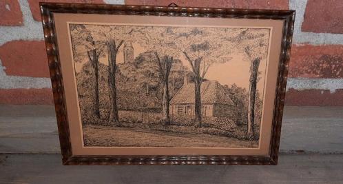 Oude vintage pentekening in antieke lijst., Antiek en Kunst, Kunst | Tekeningen en Foto's, Ophalen of Verzenden