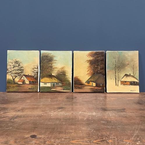 Set van vier olieverf schilderijtjes van jaargetijden kunst, Antiek en Kunst, Kunst | Schilderijen | Klassiek, Ophalen of Verzenden