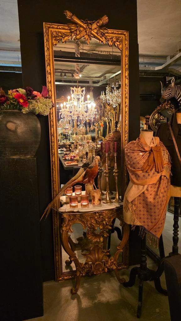 Antieke hoge damspiegel/penantspiegel + console.., Antiek en Kunst, Antiek | Spiegels, Minder dan 50 cm, Rechthoekig, Ophalen of Verzenden