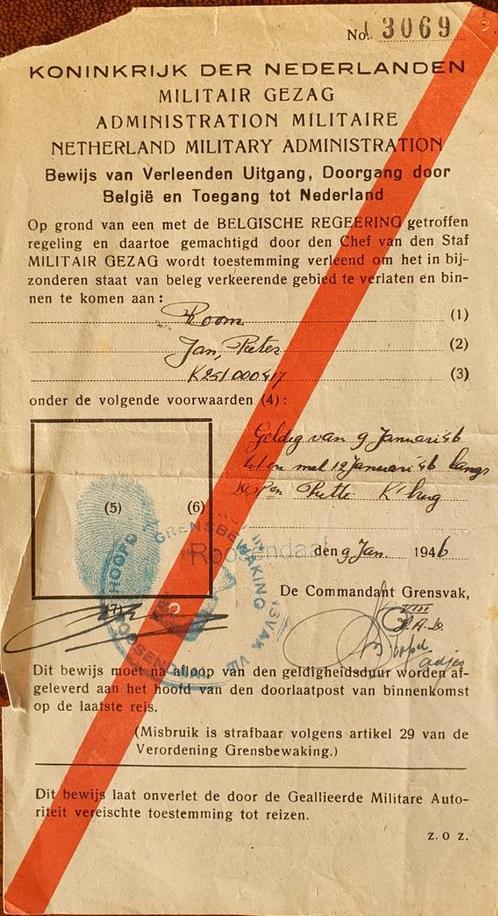 Grenspas Militair Gezag Roosendaal 2, Verzamelen, Militaria | Tweede Wereldoorlog, Landmacht, Ophalen of Verzenden