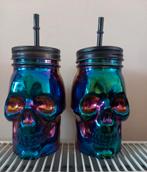 Glas beker met rietje doodshoofd skull multicolor, Ophalen, Nieuw, Frisdrankglas
