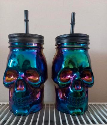 Glas beker met rietje doodshoofd skull multicolor beschikbaar voor biedingen
