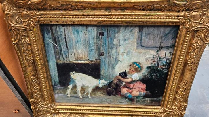 Schilderij meisje met dieren, bladgouden lijst, Antiek en Kunst, Kunst | Schilderijen | Klassiek, Ophalen