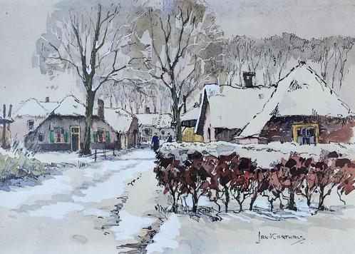 Jan Korthals (1916-1972) - Dorpsgezicht in de sneeuw, Antiek en Kunst, Kunst | Schilderijen | Klassiek, Ophalen of Verzenden
