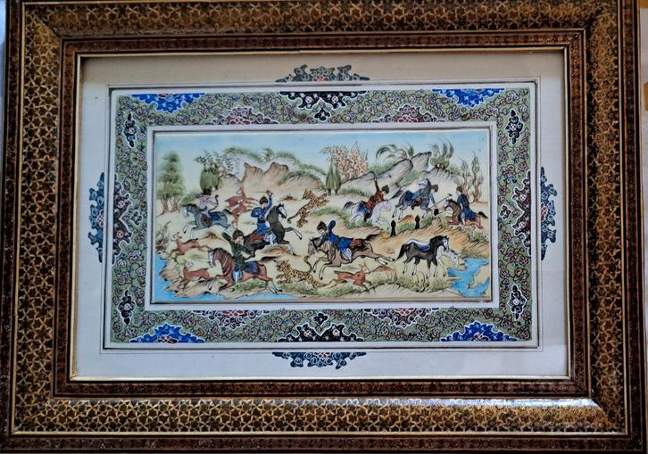 Perzisch miniatuur van jachtpartij, Antiek en Kunst, Kunst | Niet-Westerse kunst, Ophalen