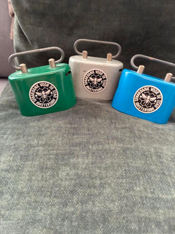 Vintage Spaarpotjes Amsterdam, Verzamelen, Spaarpotten, Gebruikt, Object of Gebouw, Metaal of Blik, Verzenden